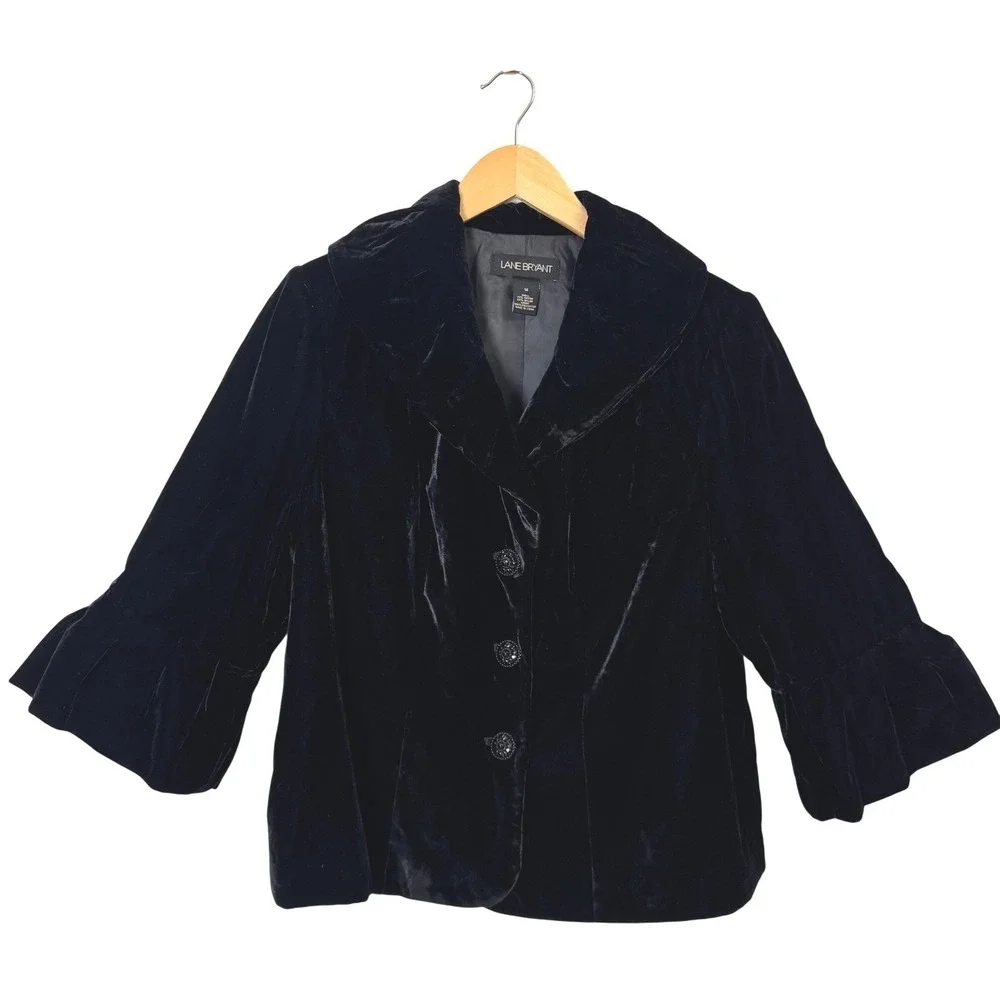 Lane Bryant Jacket 14 Black Velvet Bell Sleeve Puff Collar Cocktail Victorian - Picture 2 of 8
